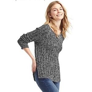GAP Cotton Marled Black and White Rib Knit Chunky Pullover Sweater